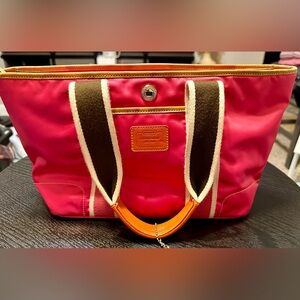 Coach Pink Nylon Hamptons Weekend Tote Bag with Tan Leather Trim